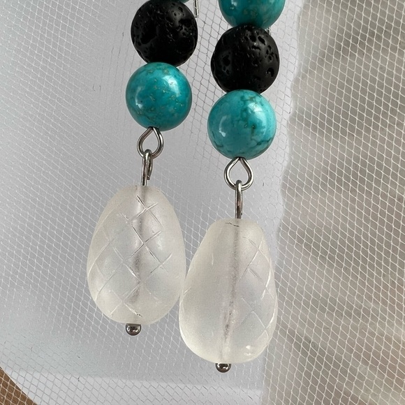 TURQUOISE & Lava Stone Beaded Stainless Steel Earrings - Picture 3 of 10